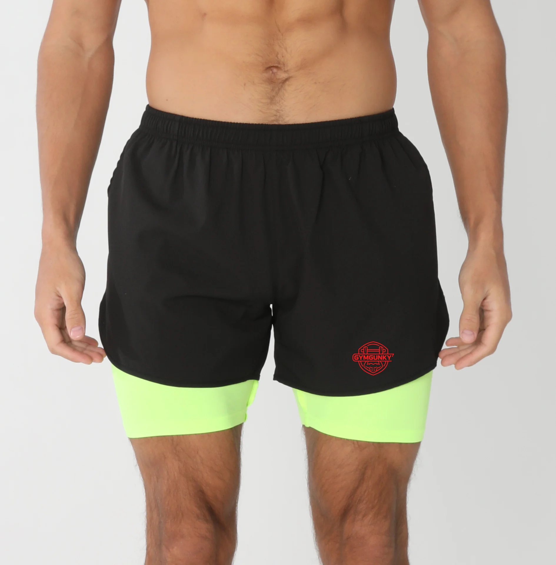 Men 2 In 1 Workout Shorts Circular Dumbbell GYMGUNKY Print Back Reflective Zipper Pocket Quick Dry Running Shorts