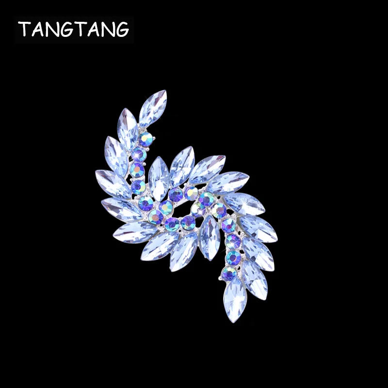 TANGTANG Brooch Elegant Fashion Blue Crystal Rhinestone Silver Plated Statement Double Spiral Brooches Pins For Women BH7615