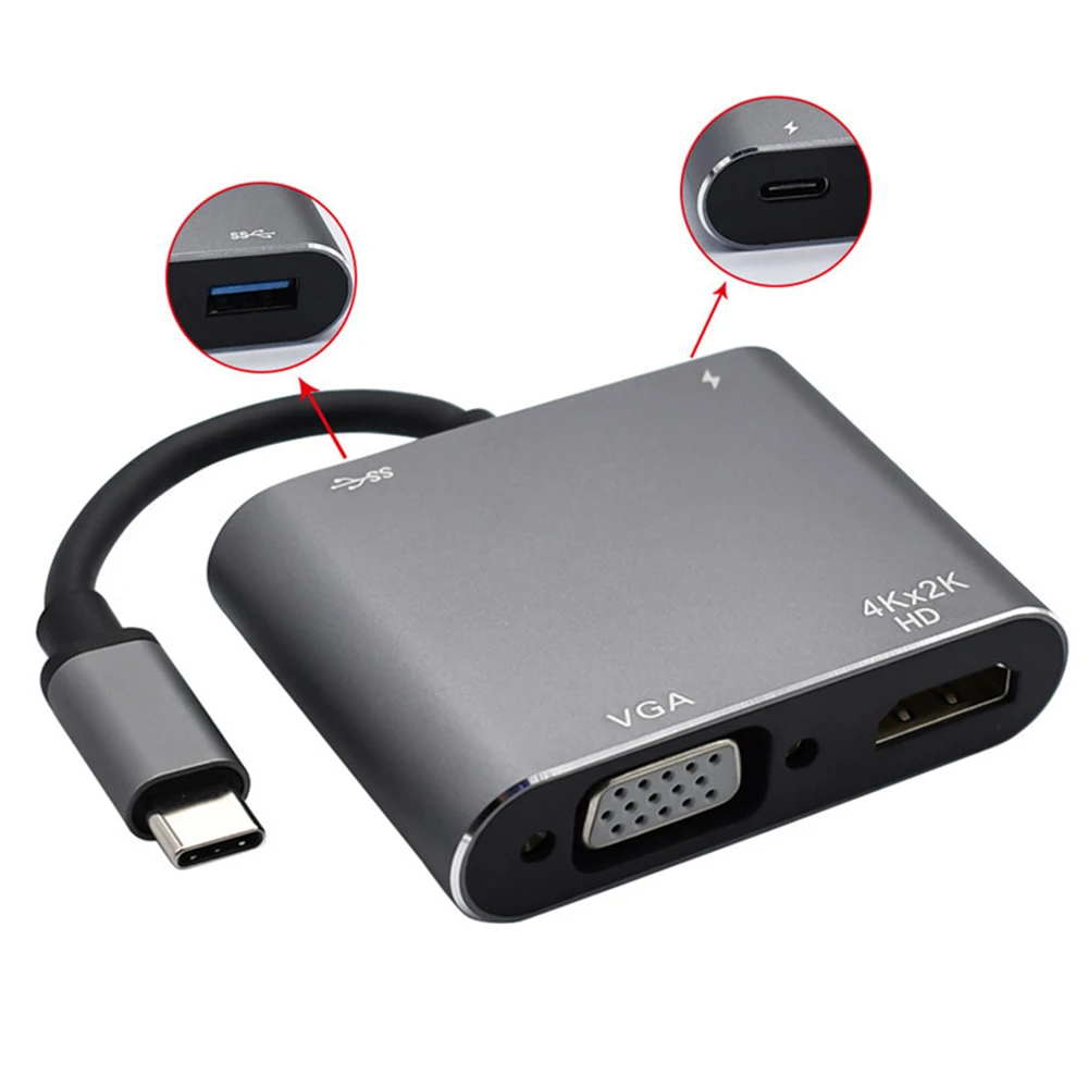 Type C to HDMI-compatible /VGA /USB3.0 Adapter 1080P Multi-Display 4in1 USB C to HDMI-compatible Converter for Windows 7/8/10 OS