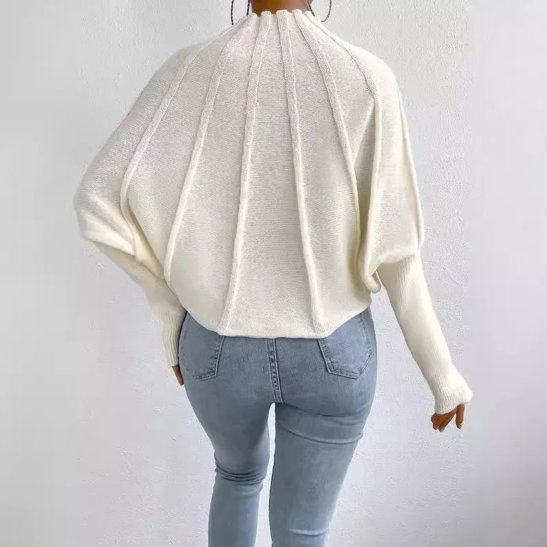 Women's Knitted Sweater Solid Color Half High Neck Solid Color Versatile Bat Sleeve Sweater 2024