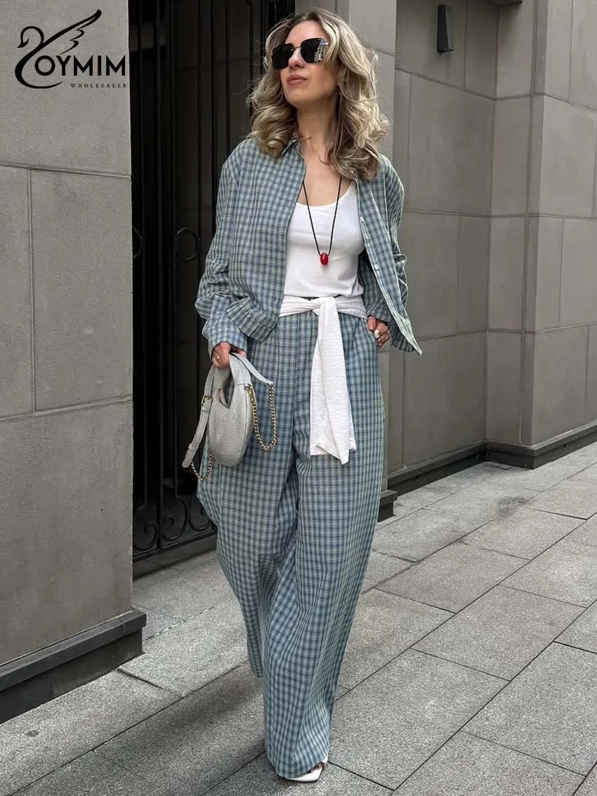 

Oymimi Women's Blue Gingham Linen-Blend Two-Piece Set 2026 Spring Relaxed Oversized Blazer & Wide-Leg Pants Casual Chic Outfit