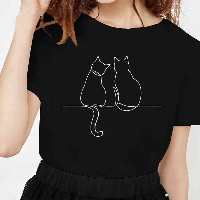 Kawaii Cat Line Drawing Minimalist Print T Shirt Female Harajuku Aesthetic Streetwear Summer Clothes for Women Camisa Masculina