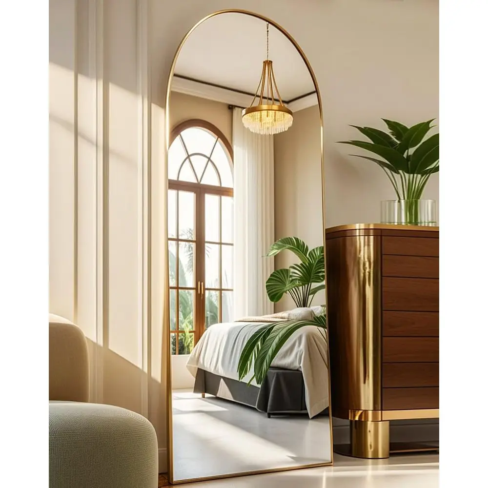 

Arched Floor Mirror with Stand, Freestanding or Wall-Mounted, for Bedroom or Dining Room - Gold