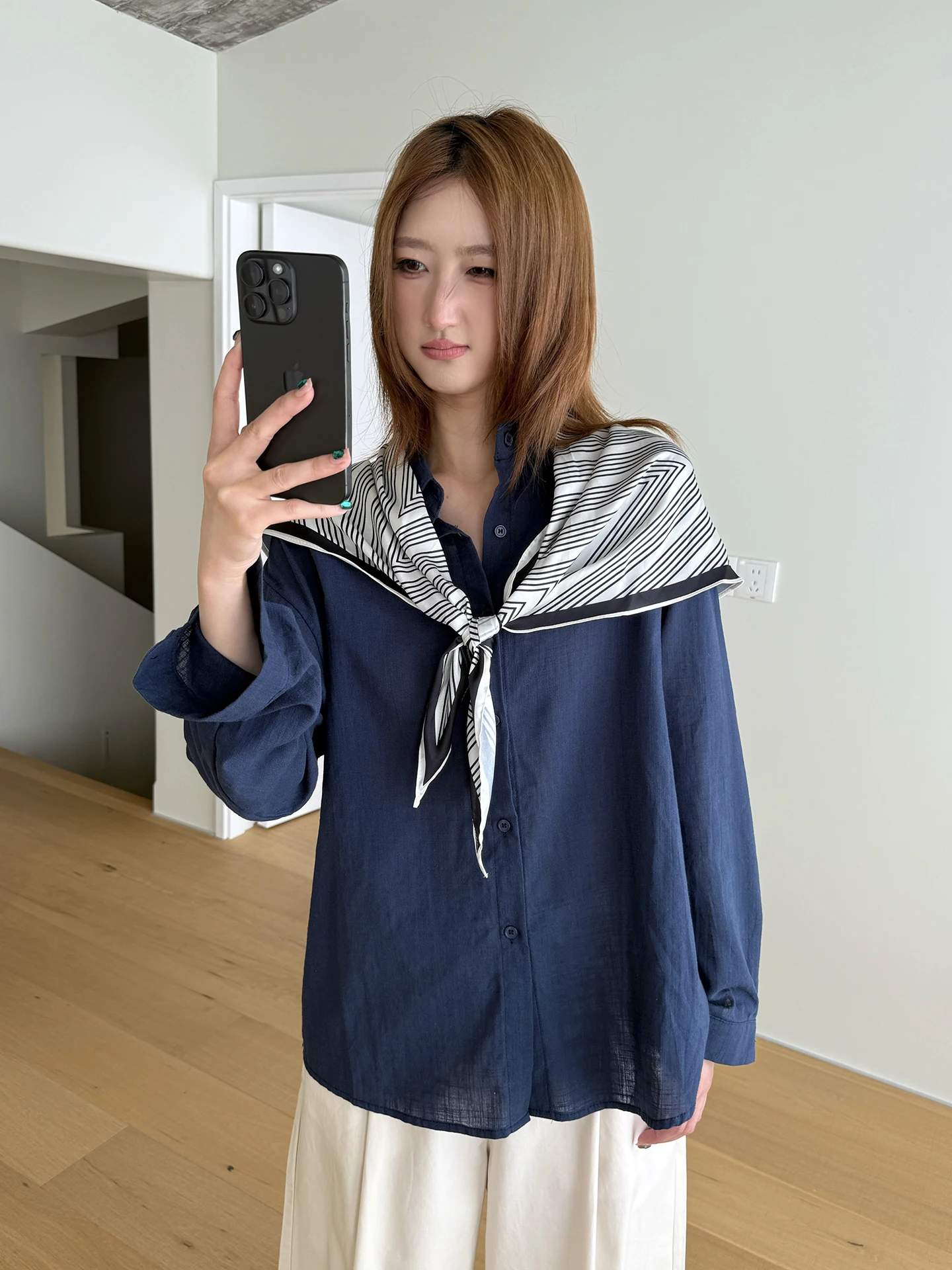 

Women's Linen irt with Scarf Loose Fit Sli Autumn New Sle Layering Top Slimming Effect Versatile Korean Sle Commute...
