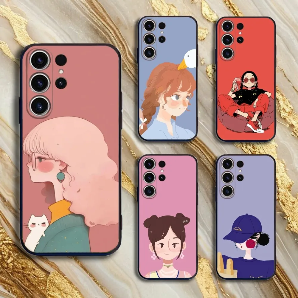

Single Girl Illustration Phone Case For SamsungS25,24,21,22,23,30,Ultra,20,Plus,Fe,Lite,Note,10,9,5G Black Cover