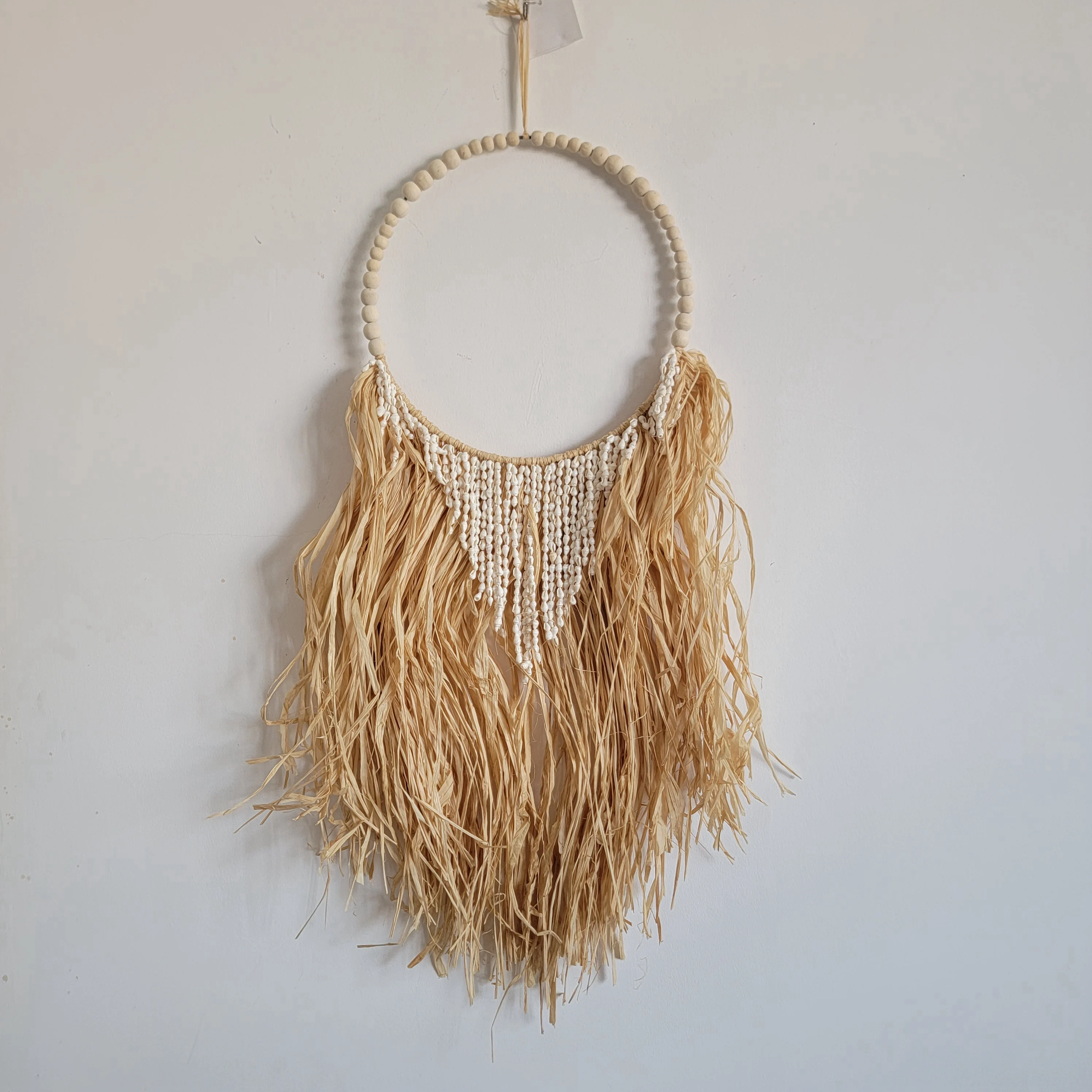 

natural fiber DECORATIONS-RAFFIA WITH WOODEN BEADS AND SHELLS-WALL DECORATION