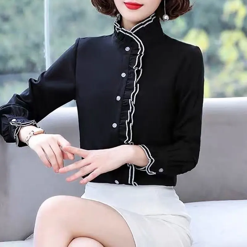 Lace Ruffles Chiffon Shirts Women\'s Clothing 2023 Autumn Winter New Office Lady Long Sleeve Pullovers Vintage Elegant Blouse 3XL