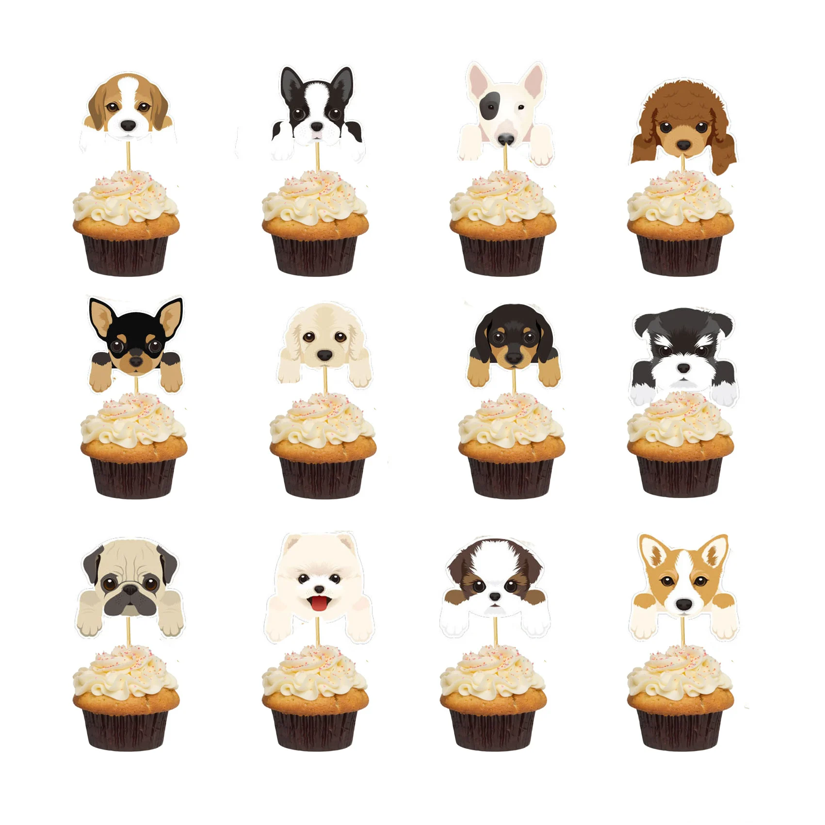 Cute Puppy Faces Cupcake Topper Picks Party Cake Decorations for Dog Puppy Theme Kids 1st Birthday Baby Shower Party Supplies