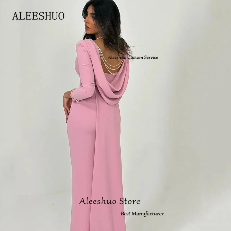 Aleeshuo-فساتين حفلة موسيقية طويلة من الساتان الحديثة ، أكمام طويلة ، ياقة مربعة ، ثنيات بدون ظهر ، ثياب سهرة كريستالية ، فتحة جانبية رسمية