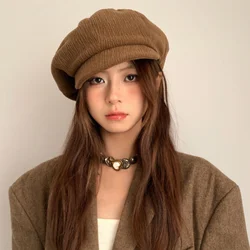 Ins Retro Brown Corduroy Berets Caps for Women Spring and Autumn Travel Casual Versatile Literary Show Face Small Octagonal Hat