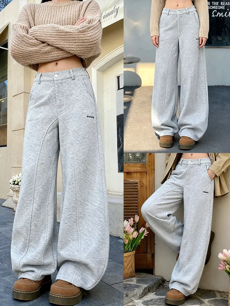 Y2K-pantalones Retro americanos para mujer, traje estilo cintura para correr, pierna ancha gruesa, corte de guadaña, ropa de calle informal, pantalones de pierna ancha versátiles