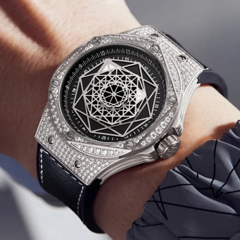 

HANBORO Men Automatic Watch 43mm Mechanical Wristwatch Luminous Hexagonal Bezel Austria Crystal Case