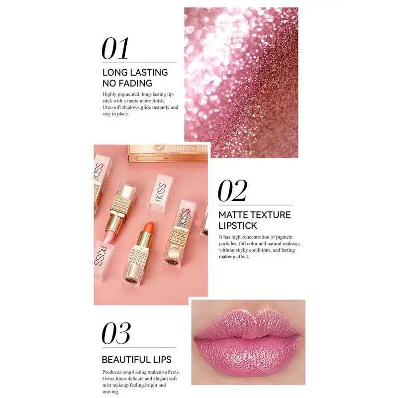 6pcs Shimmer Lipstick Set Red Glitter Lipstick Waterproof Long Lasting Diamond Pearlescent Metallic Lipstick Tinted Lip Balm