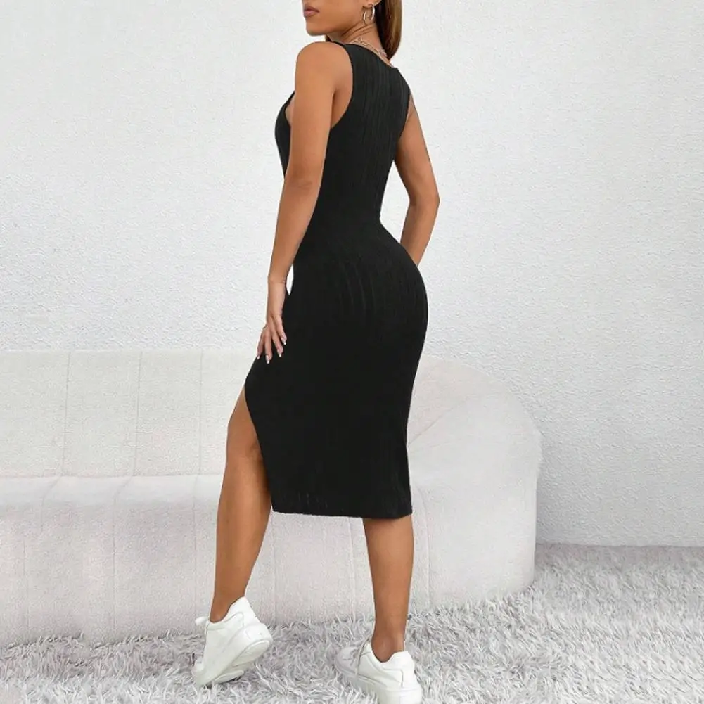 Elegant Summer Women Dress Square Neck Skinny Elastic Side Split Sheath Thread OL Breathable Club Party Midi Dress Sexy