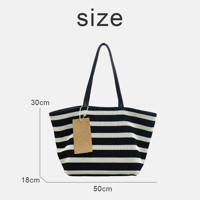 Korean Casual Mesh Stripe Tote Bags For Women Luxury Designer Handbags Purses 2024 New In Contrast Color Large Capacity Shoulder