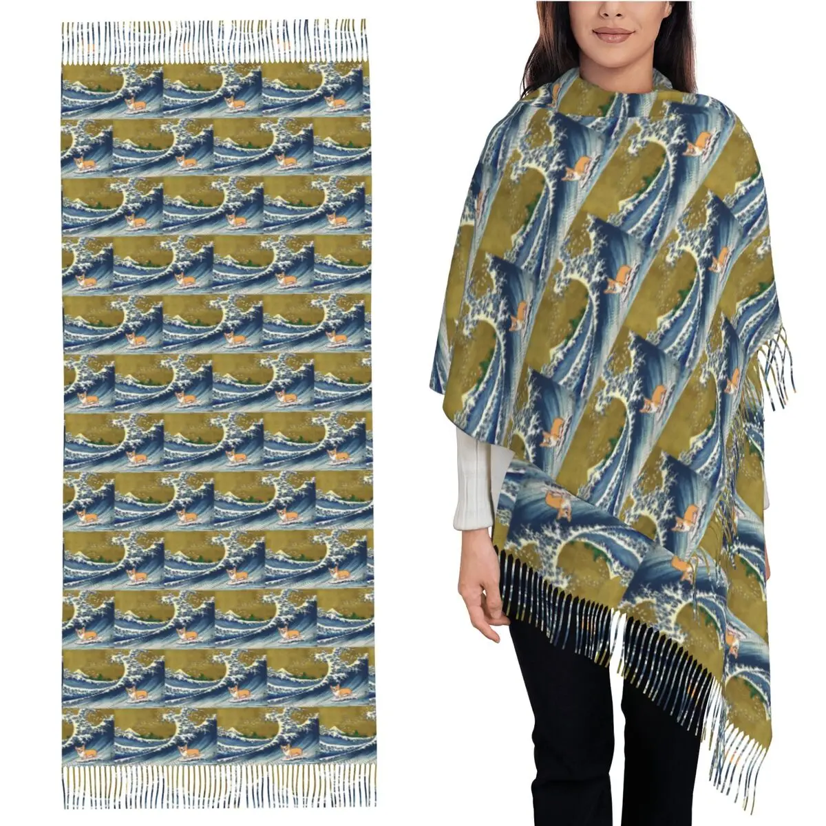 

Corgi Dog Surfing The Great Wave Scarf Tassel Scarves Women Soft Warm Shawls and Wraps Long Fall Winter Shawl Wrap