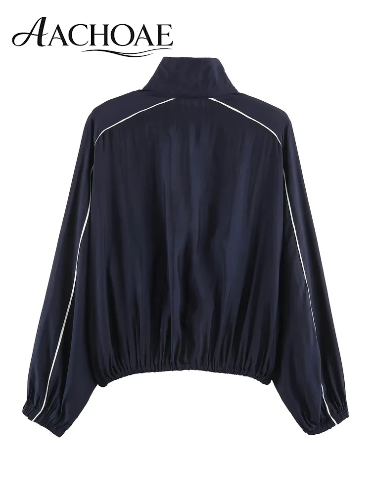 AACHOAE Women Lightweight Track Jacket Stand Collar Zip Up Windbreaker Contrast Piping Loose Sports Casual Bomber Coat Outerwear