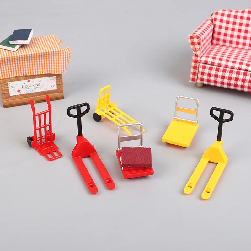 3 Stuks 1:12 Poppenhuis Miniatuur Kar Trolley Trapklimmachine Mini Buitenkar Vorkheftruck Bewegend Gereedschap Model Home Decor Speelgoed