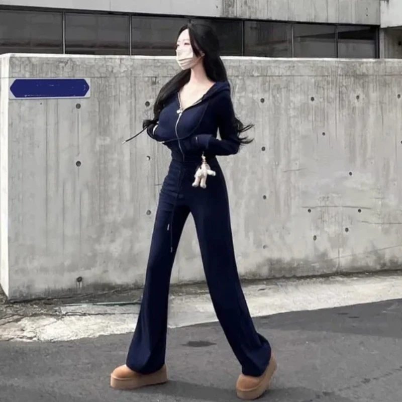 

Женское пальто с длинными рукавами, осень-зима 2024, эластичный спортивный костюм, пальто с капюшоном, темпераментные брюки, топ с длинными рукавами на молнии