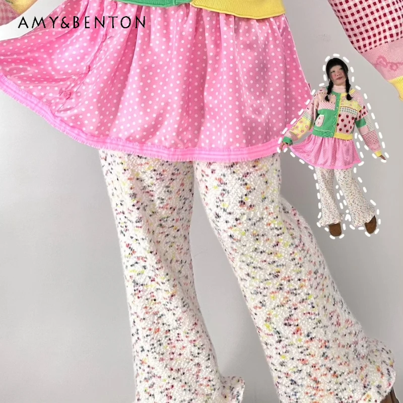 

Original Design Pink Polka Dot Elastic Waist Fake Two-Piece Women's Trousers Autumn Winter Sweet Versatile Skirt Pants Ladies