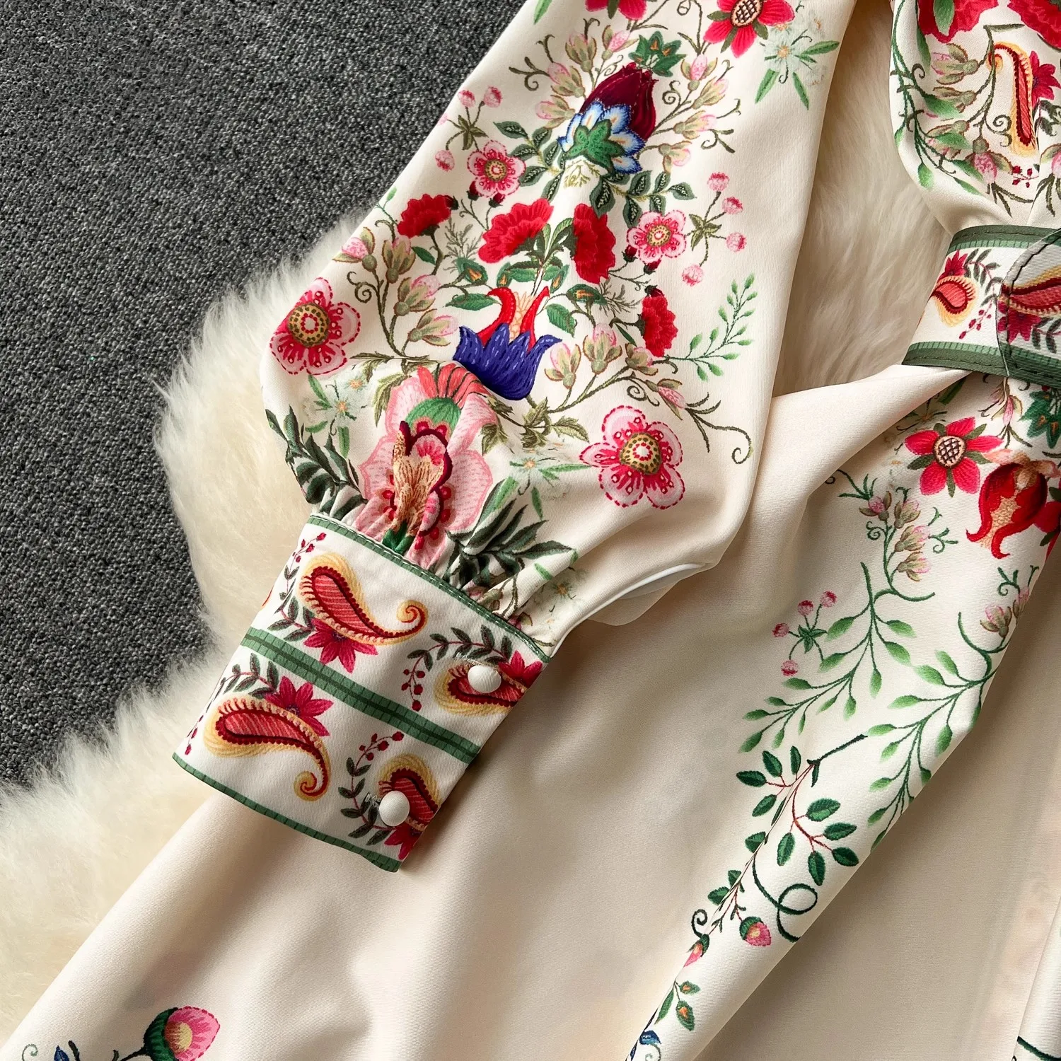 Spring Autumn Runway Women's Stand Collar Long Lantern Sleeve Floral Print Single Breasted Belt Holiday Boho Maxi Robes 2365
