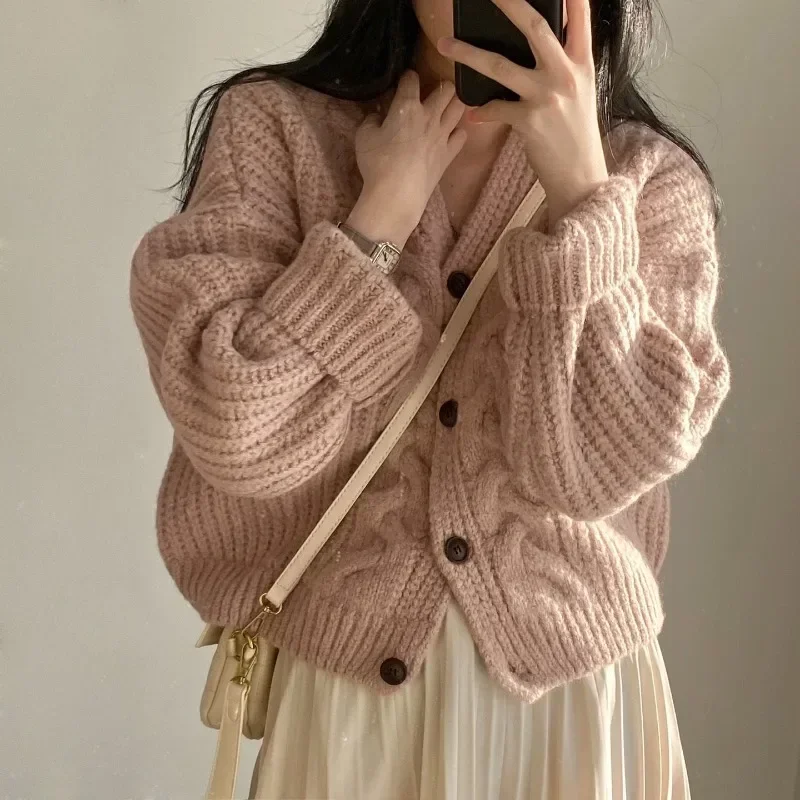 2025 New Korean Women Cardigan Knitted Sweater Spring Autumn Chic Loose Long Sleeve Tops Solid Sweater Jacket for Female Y2k