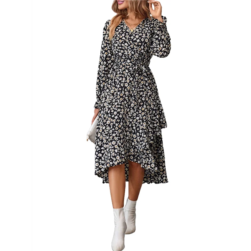 【SEE】فستان نسائي صيفي بوهو ماكسي مزين بالزهور وأكمام طويلة ورقبة على شكل حرف V وكشكش على شكل حرف A فساتين طويلة لحفلات الزفاف