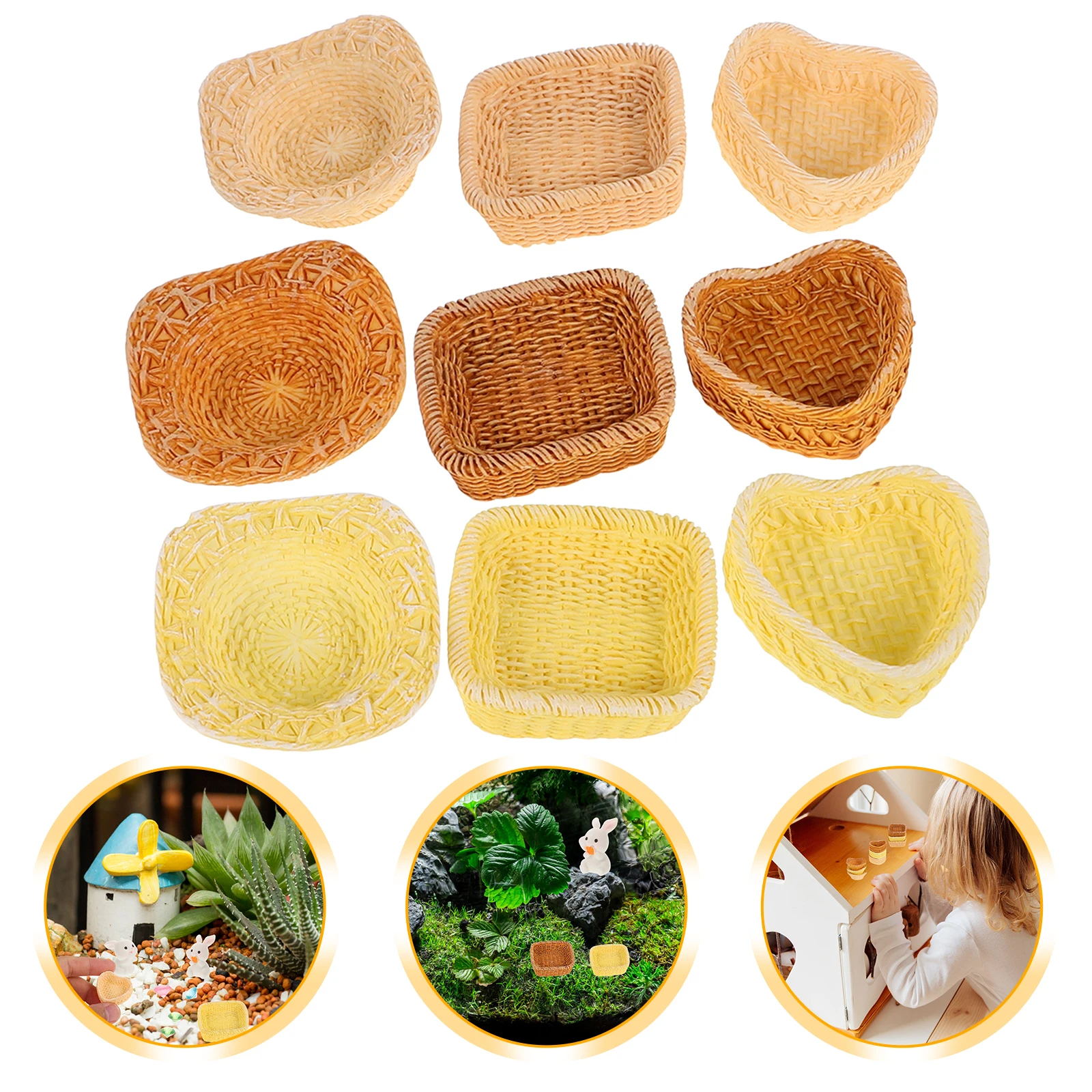 

9 Pcs Rattan Basket Decorations Home Ornament Small Decorative Model House Resin Dollhouse Miniature Woven Crafting