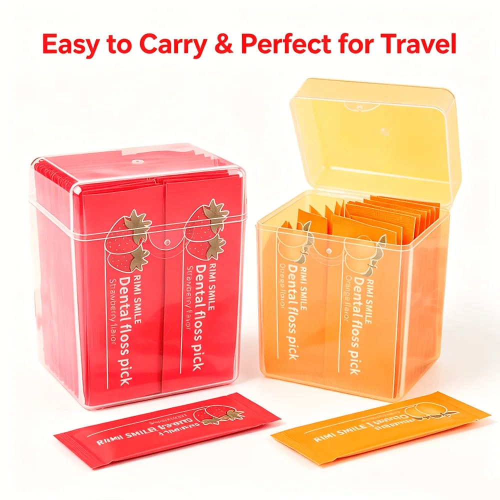 104PCS Fruit Flavor Dental Floss Picks Combo, Strawberry & Orange Flavor, Individually Wrapped Disposable Tear-Resistant Floss S