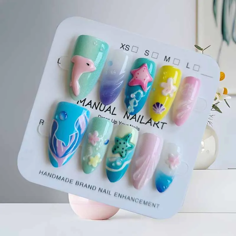 เล็บปลอมลายฝรั่งเศสสไตล์มหาสมุทร 3 มิติ ลายปลาโลมาและปลาดาว จำนวน 10 ชิ้น พร้อมลายตาแมวน่ารักหวานๆ