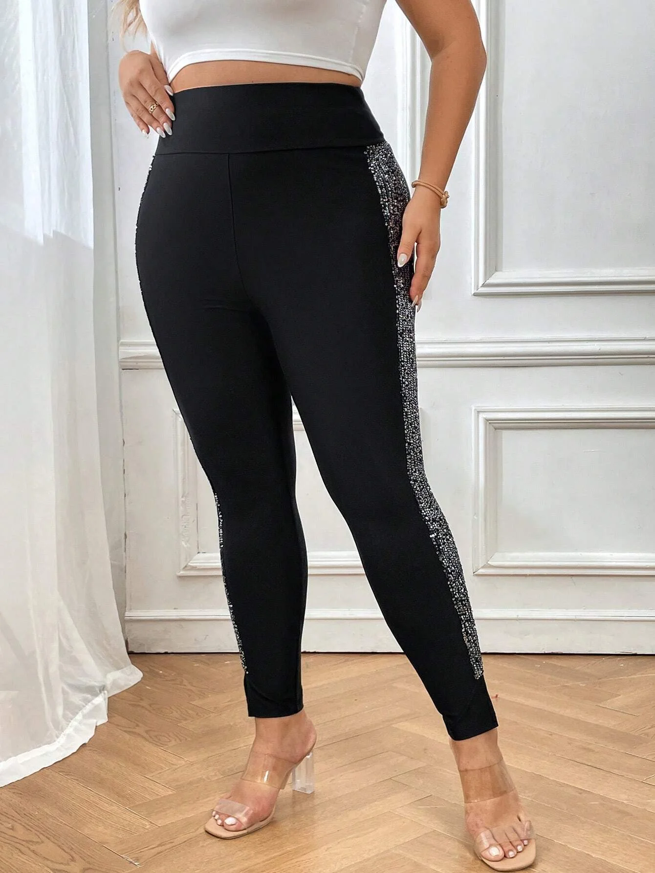 Plus Size Women's Fashionable Sequin Side Seam Slit Tight Pants Elegant Solid Color Hem Tight Leggings