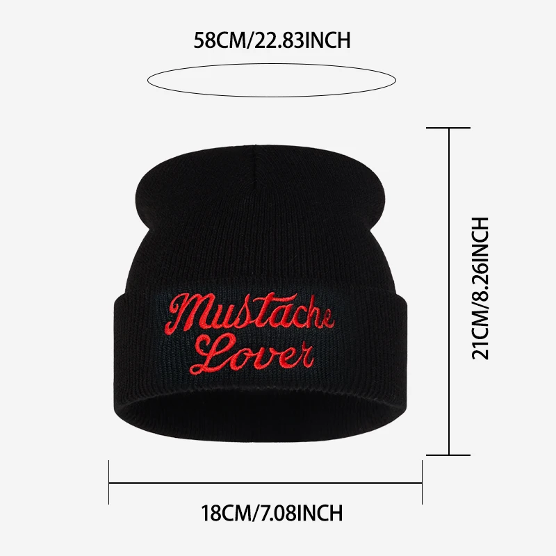 Mustache Lover Cursive Letter Embroidery Knit Beanie Soft Stretchy Thermal Winter Hat Street Bar Party Christmas Holiday Gift
