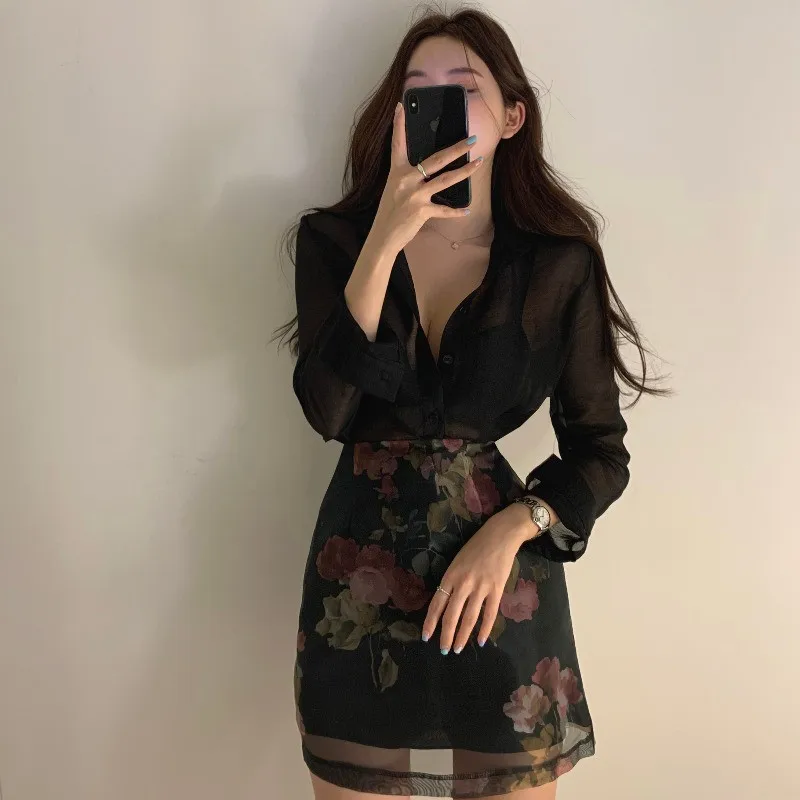 Korea Chic Elegant Women 2 Piece Sets Sexy See-through Long-sleeved Shirt+High Waist A-line Floral Print Skirt Sets 2pc OL Suits