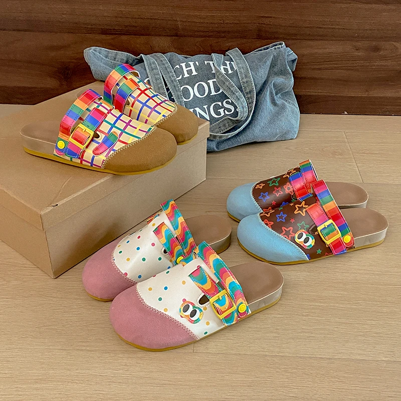 

Plaid Star Print Closed Toe Birken Mules Women Flat Cork Slip On Canvas Half Slippers Summer Daily Casual Outdoor Slide Sandals