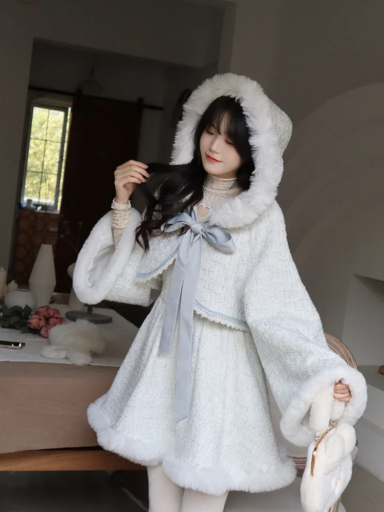 2024 Spring 2 Piece Dress Sets Women Casual Elegant Hooded Coats + Sweet French Short Party Dress Female Japanese Lolita Suits