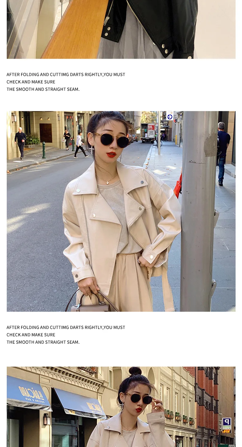 ジッパーカーディガンフェイクレザー女性ジャケット長袖ターンダウン襟 P U レザースプライスポケット固体秋モトバイク