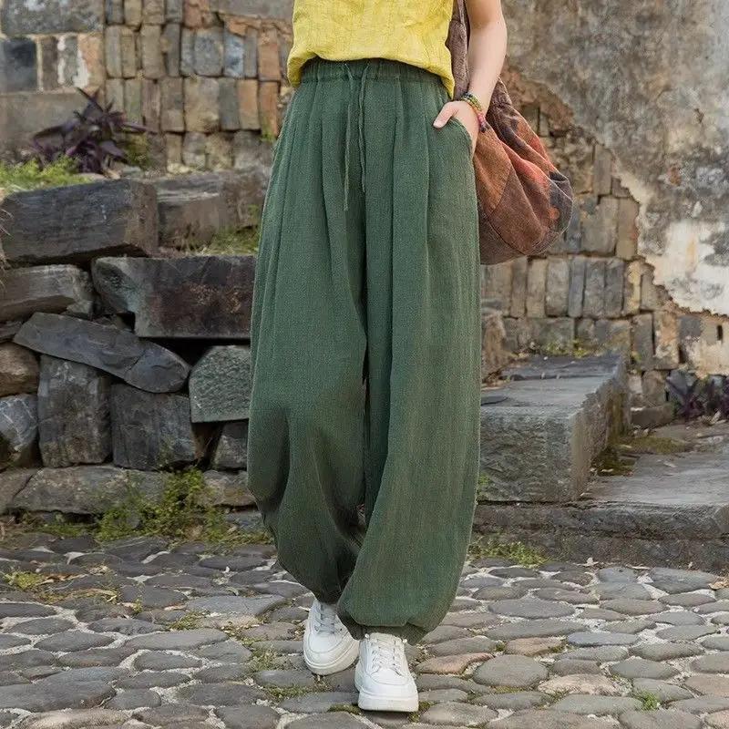 Pantalones Holgados de Lino y Algodón Finos para Mujer, Color Verde Madera, Talla Grande, Estilo Casual, Combinables con Todo, Éxito de Ventas en Primavera y Verano
