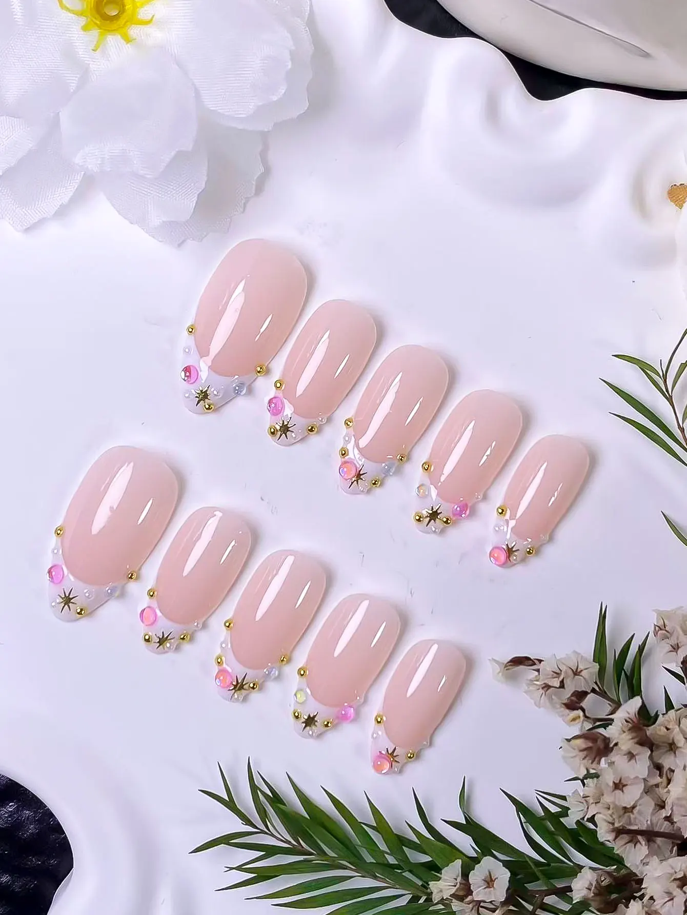 10 pcs White French with Starburst Multicolor Rhinestones Press-On Nails, elegant, romantic and minimalist, premium sexy luxury view 6
