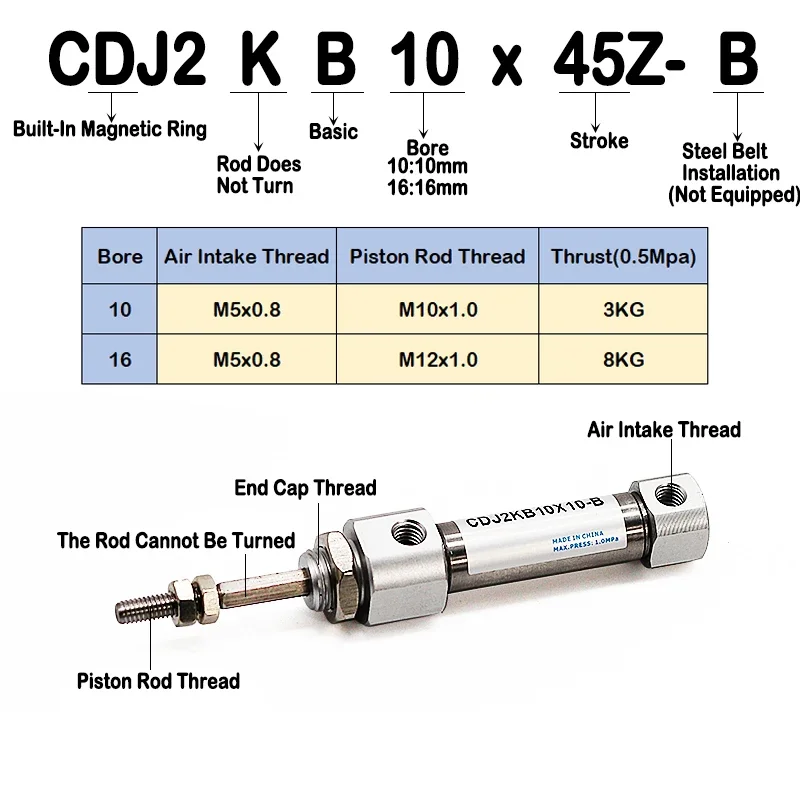 High-Quality CDJ2KB10/16-10X15X20X25X50X75X100X200Z-B Hexagonal Piston Rod Anti-Rotation Stainless Steel Small Mini Cylinder