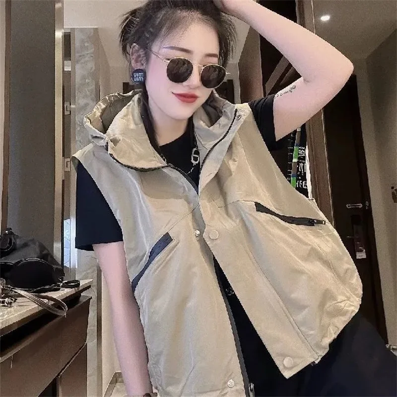 

Hooded workwear vest for women's 2024 Spring And Autumn New Design With A Loose and Casual Vest Camisole Trendy Zipper Pocket