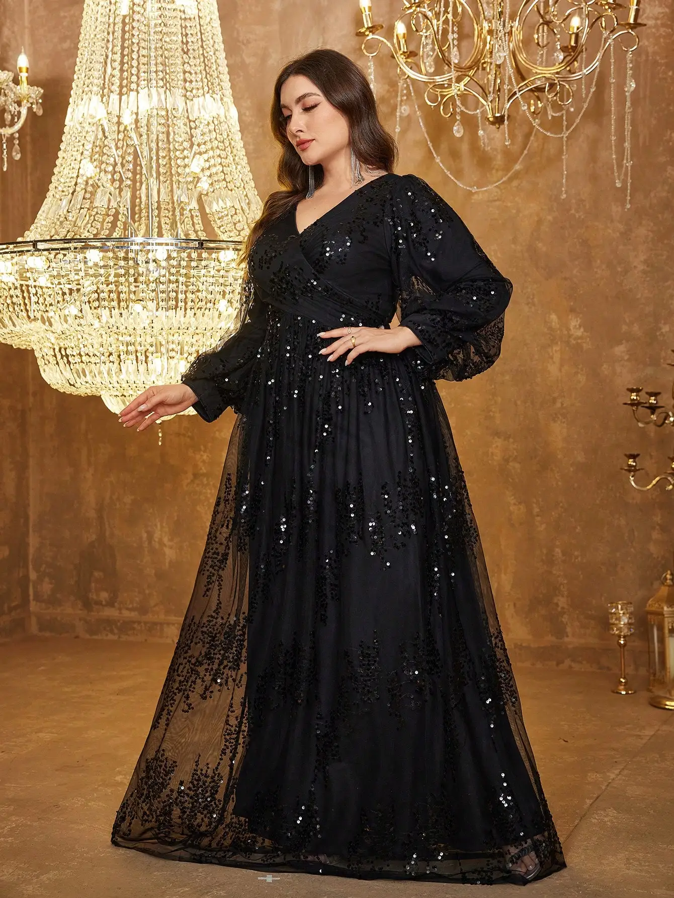 UNITHORSE [مقاس عشوائي] مقاس كبير للنساء بياقة على شكل V وأكمام واسعة ترتر مرقع أنيق فستان سهرة فورمي، فستان، لحفلات الزفاف