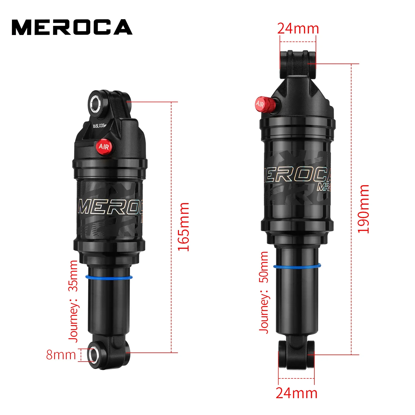 MEROCA-Amortisseur à air réglable pour vélo de montagne, amortisseur arrière, longueur 165mm, 190mm, pression d'air