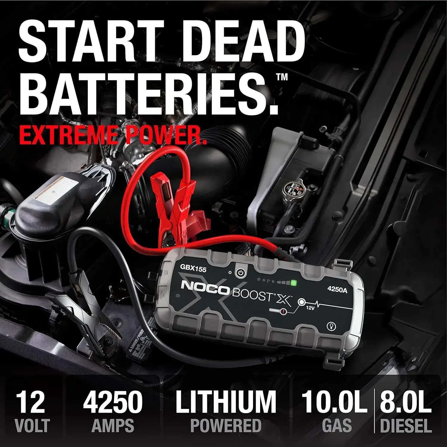 Car Battery Booster Pack, USB-C Powerbank Charger, and Jumper Cables for Up to 10.0-Liter Gas and 8.0-Liter Diesel Engines