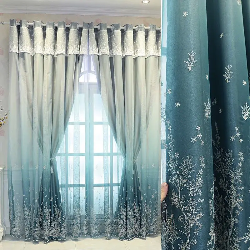 Nordic Minimalist Gradient Blackout Curtain with Sheer Lace Double-Layer Embroidered Snowflake Pattern for Bedroom & Living Room