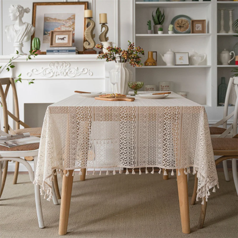 

Clochef 1pc Retro French Style Tablecloth Polyester Cotton Crochet Hollow Out Tassels American Rural Style Wedding Tablecover﻿