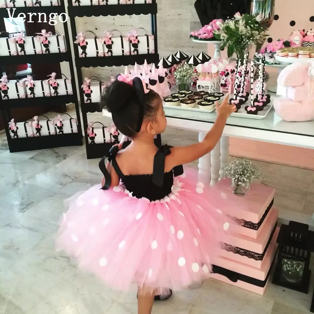 

Verngo Pink Polka Dot Tulle A Line Birthday Party Dress Sleeveless Tiered Kid Girl Flowers Dress Cute Gown Customized