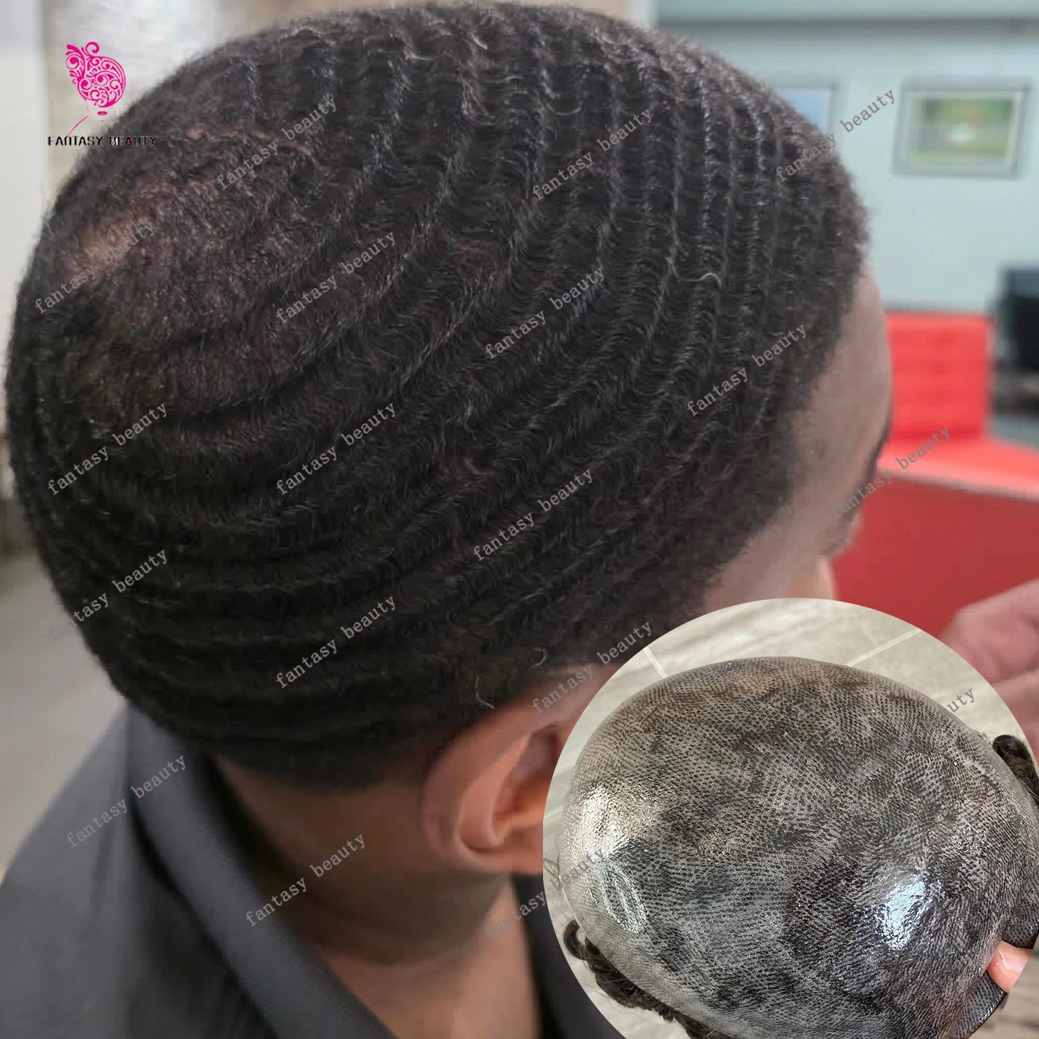 

360 Глубокие волны 10 мм Вьющиеся прически Афро Мужчины Серые человеческие волосы Супер прочная кожа Черный мужской парик Африканский мужской протез для волос