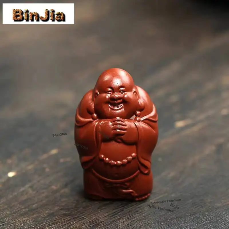 Yixing Handmade Maitreya Buddha Sculpture Purple Clay Tea Pet Lucky Characters Tea Figurine Ornaments Tea Decoration Accessories