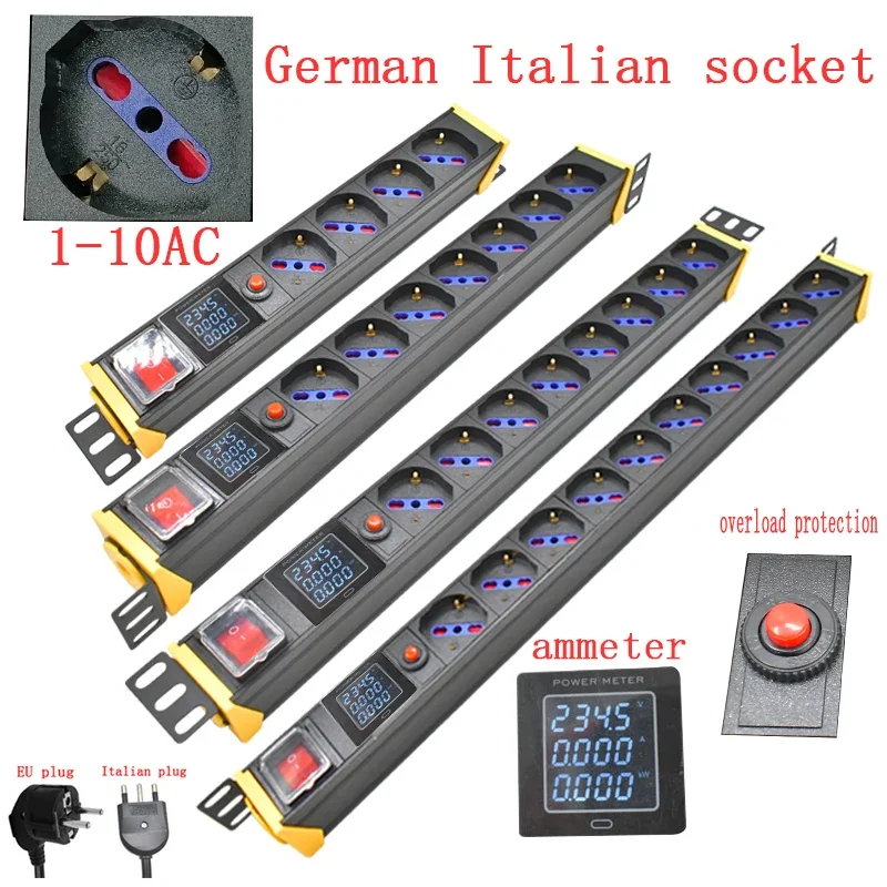 PDU power strip network cabinet rack 1-10 AC German Italian socket 2M line 360 rotating bracket ammeter overload protection