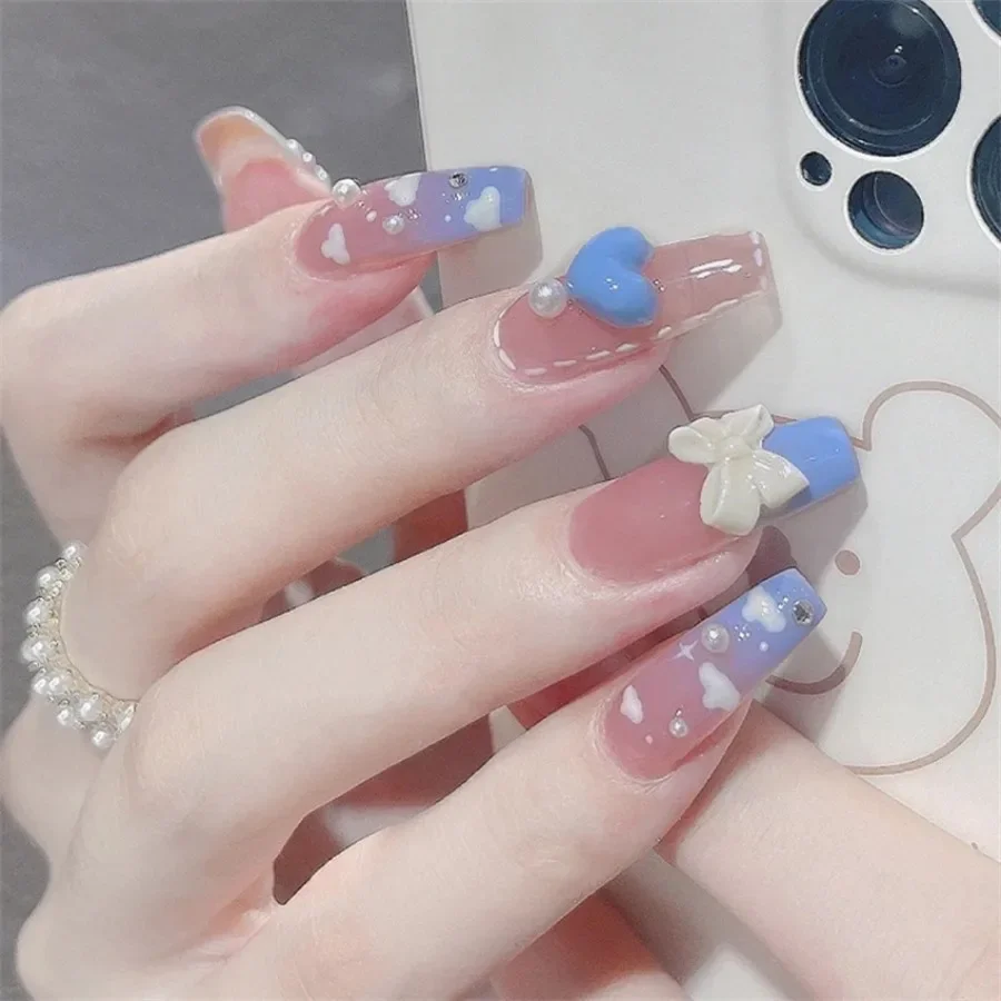 

24P/set French Long Ballet Fake Nails Blue Love Wear false Nail Artificial Coffin Acrylic Press On Nails Art Removable Supplies